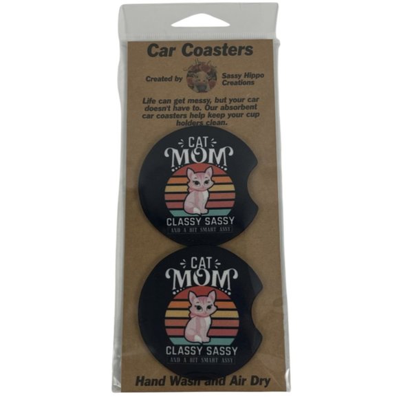 Car Coasters Cat Mom Classy Sassy a Bit Smart Assy Set of 2 Neoprene Absorbent - Picture 1 of 9